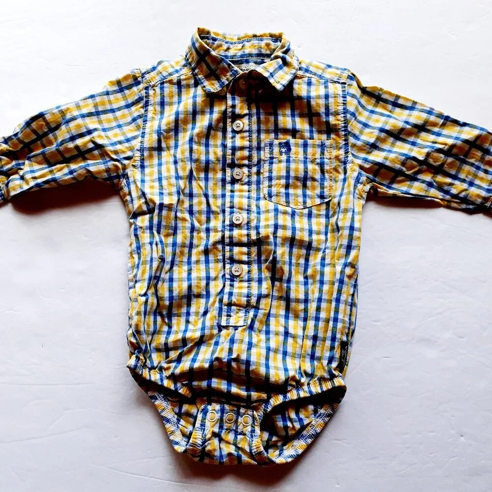 Oshkosh Boys Shirt Button Down Bodysuit Yellow Blue Plaid Long Sleeve 18 Months